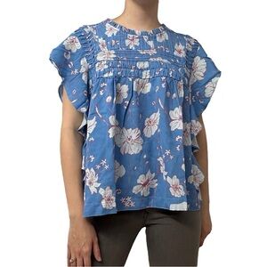 Anthropologie Eze Sur Mer Blouse Ruffle Blue Floral Boho Casual Size Medium New